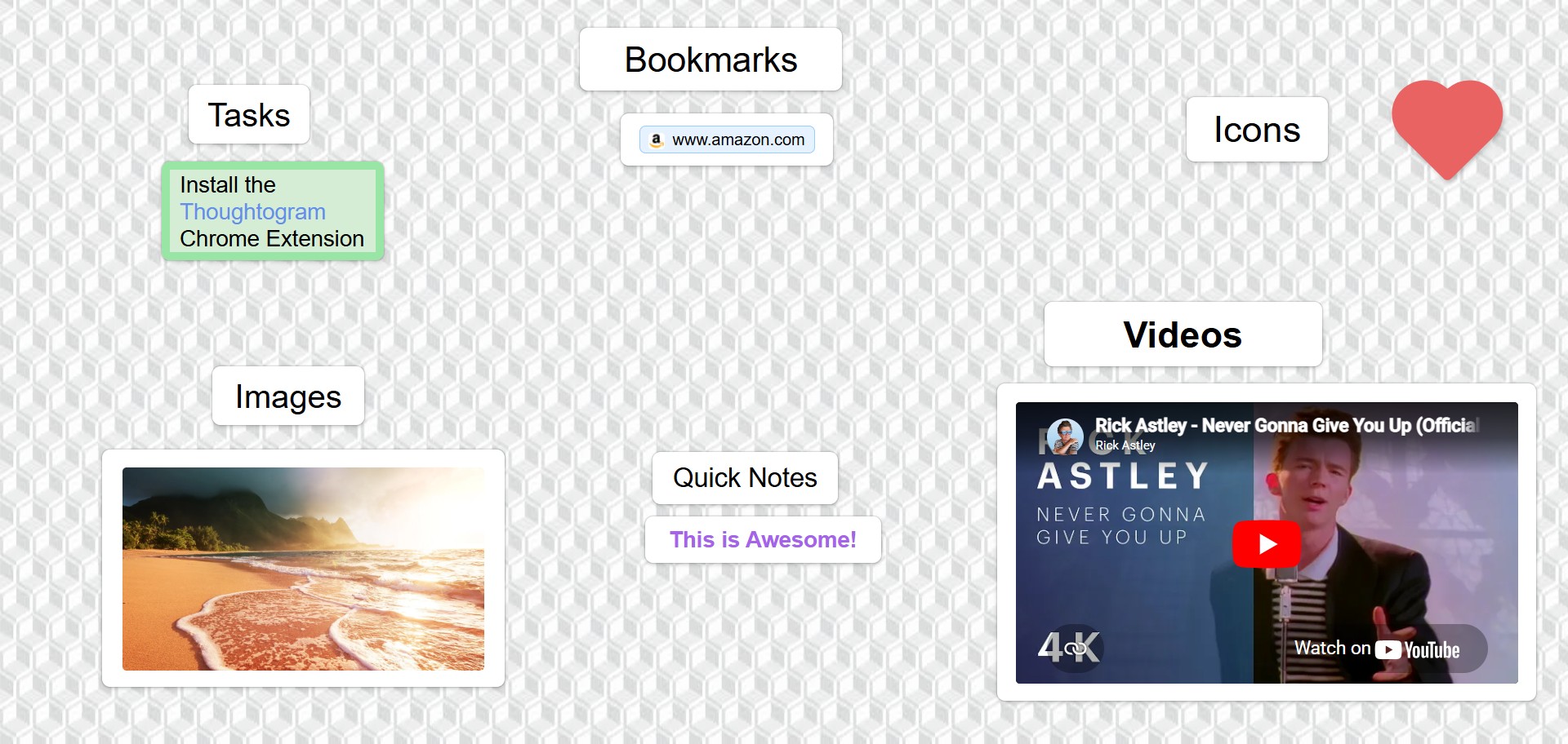 Tasks, notes, icons, images and videos arranged on a board